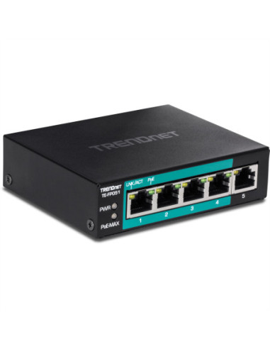 TRENDnet TE-FP051 5-portowy przełącznik PoE+ Fast Ethernet dalekiego zasięgu