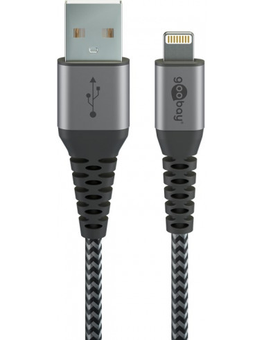Kabel tekstylny Lightning na USB-A z metalowymi wtyczkami (szary / srebrny) 2 m - Długość kabla 2 m