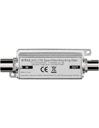 Filtr blokujacy LTE/4G, Wtyk do kabla koncentrycznego - Gniazdo do kabla koncentrycznego - Połączenie typu Wtyk do kabla koncent