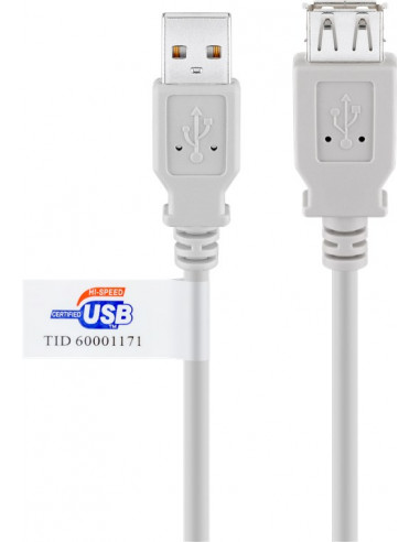 Przedłużacz USB 2.0 Hi-Speed z certyfikatem USB, Szary - Długość kabla 1.8 m
