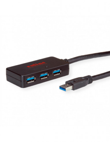 ROLINE USB 3.2 Gen 1 Hub, 4 porty, z Repeaterem, czarny, 10 m